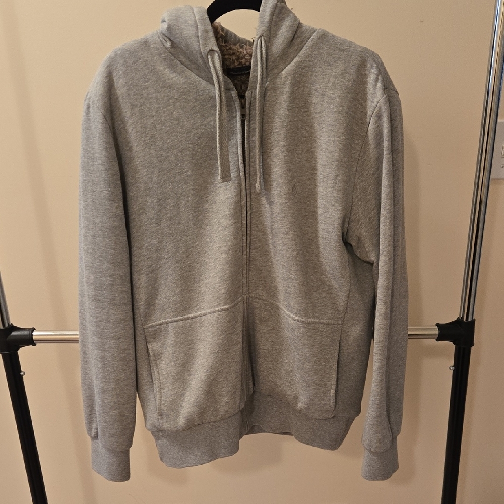 French Connection Light Gray Zip-Up Sweater With Faux Fur Lining